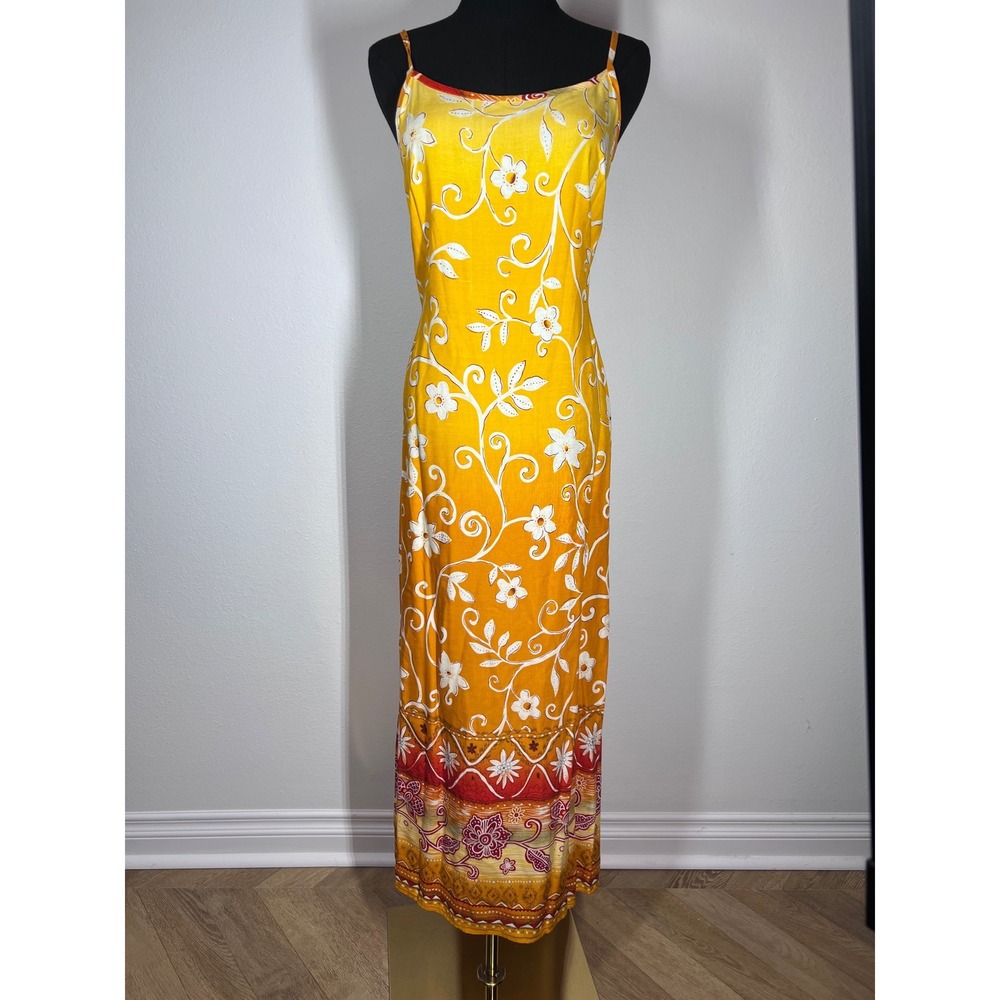 California Concepts Yellow Floral Maxi‎ Dress Spaghetti Strap Tie Waist Size 5